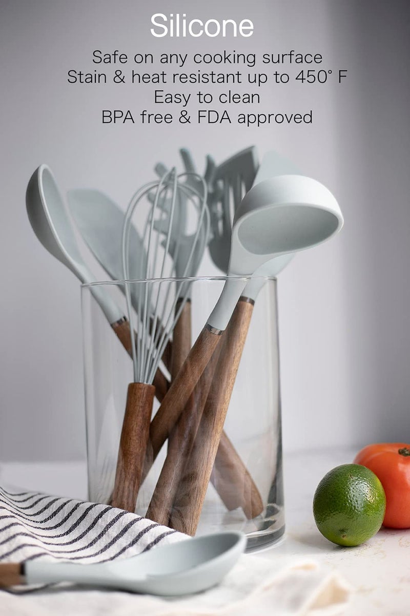 Country Kitchen Non Stick Silicone Utensil Set with Rounded Wood Handles for Cooking and Baking, 8 Piece Set, White - Image 2